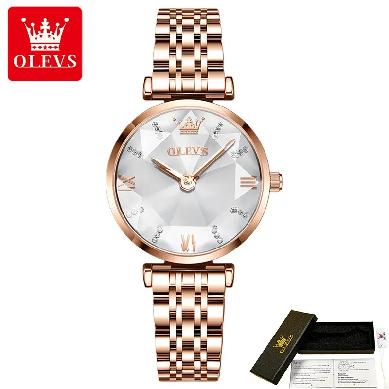 Olevs Luxury Silver Diamond Dial Rose Gold Ladies Watch | 6642